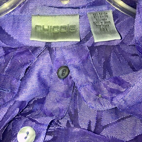 CHICO’S sz L sz 2 Purple Burnt-Out 3/4 Roll Tab Sleeve Relaxed Fit Blouse MOP - Picture 4 of 5